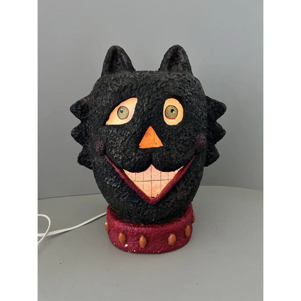 Halloween Folk Art Black Cat Head Light Up Lamp Papier-Mâché Blow Mold (?) 12